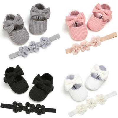 

UK Stock Baby Girl Kids Soft Sole Crib Shoes Bownot Anti-slip Prewalker Headband