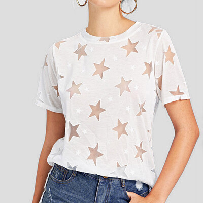 

Starmoon Women Fashion Casual O-Neck Solid Pentagram Print Tops Short Sleeve T-Shirt