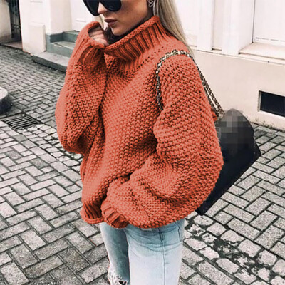 

Womens Long Sleeve High Neck Loose Knitted Sweater Ladies Casual Jumper Tops