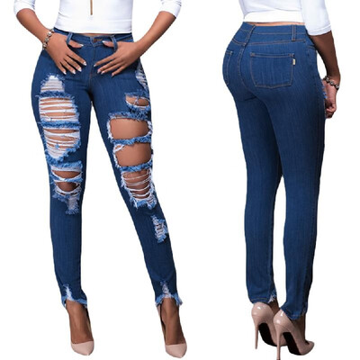 

New Women Ripped Jeans Denim Destroyed Frayed Hole Zipper Pockets Casual Skinny Pencil Pants Trousers Tights Blue