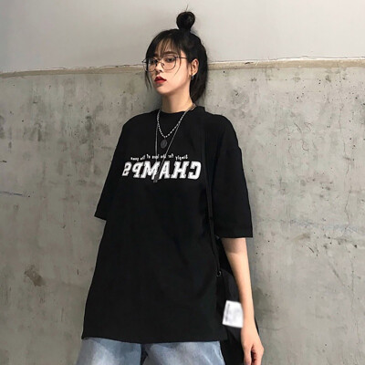 

Womens Casual Round Neck Letter Print Short Sleeve Loose Pullover Simple T-Shirt