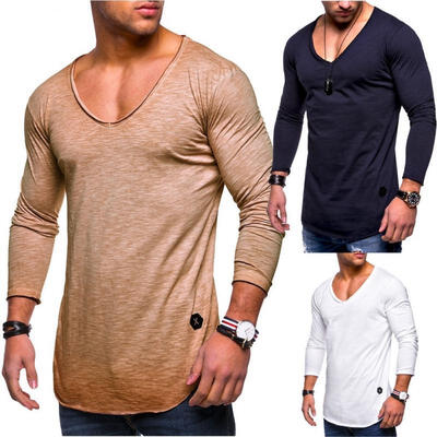 

Mens Basic Tees Long Sleeve T-Shirt Crew V Neck Casual Shirts New