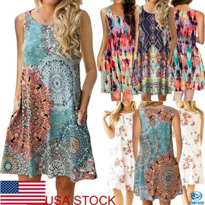 

Womens Boho Floral Chiffon Summer Party Evening Beach Short Mini Dress Sundress