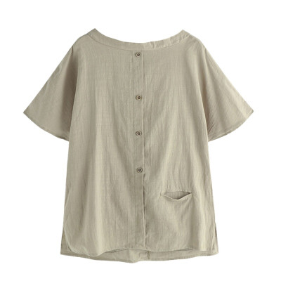

Cotton Blouse Tops Summer Women Blouses Short Sleeve Buttons Casual Shirt Pockets Patchwork Loose Blusas Oversized