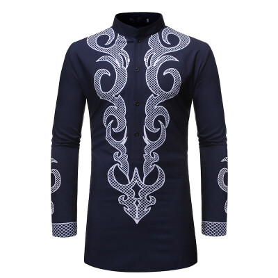 

Mens Button Down Casual Ethnic Tops Plus Size Long Sleeve Stand Collar Shirts