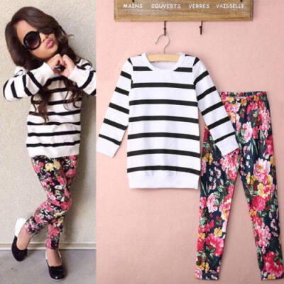 

Kids Baby Girls Striped T Shirt TopsFlowers Pants Set Clothes Outfit