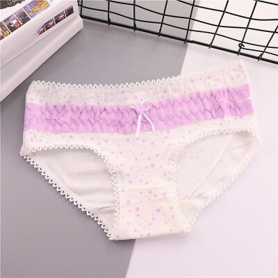 

Cute Women Underwear Cotton Blends Polka Dot Print Crochet Lace Scallop Tied Ruffle Elastic Waist Bow Briefs