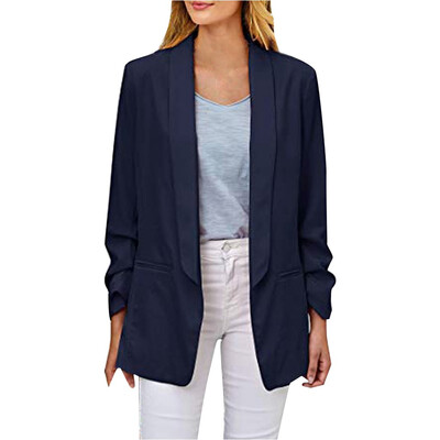

Toponeto Womens Casual Blazer Ruched Long Sleeve Open Front Fit Office Cardigan Jacket