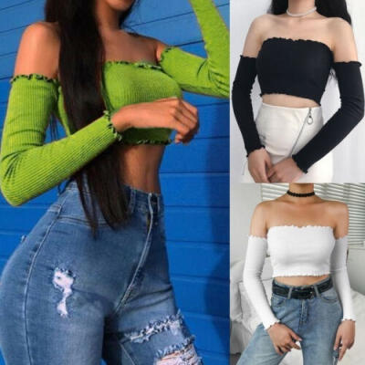 

Fashion Women&39s Off-Shoulder Crop Top Vest Casual Blouse Long Sleeve Ladies Summer T-Shirt Tank Tops Size -XL