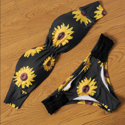 

Roseonmyhand Women Sunflower Print Tube Up Two Pieces Bathing Suit Bikini Swimwear Swimsuit