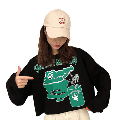 

Women Girls Sweatshirt Round Collar Exposed Navel Cartoon Letters Print Long Sleeved Casual Shirt Wild Pullover Tops Black White