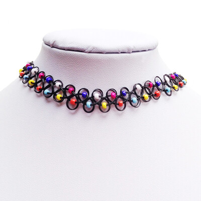 

1 Pcs Women Chic Rainbow Beads Tattoo Choker Elastic Necklace Pendant Ornaments