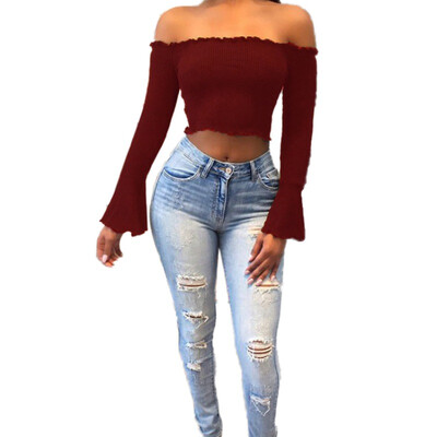 

Sexy Ruffles Elastic Slash Neck Tee Women off shoulder Long Sleeve Short T-shirt crop top 2 colors