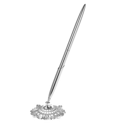 

Alloy Wedding Guest Signature Pen & Hollow Round Pen Holder Set for Wedding Engagement Bridal Shower--Silver