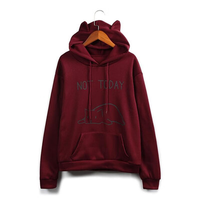 

Women Drawstring Hooded Sweatshirt Faux Fleece Cartoon Cat Letters Print Dropped Shoulder Casual Pullover