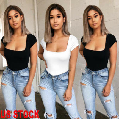 

US Fashion Women Lady Short Sleeve Romper Jumpsuit Stretch Bodysuit Leotard Tops