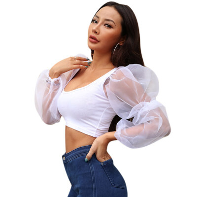 

Summer mesh stitching long-sleeved vest women U-neck exposed umbilical rubber sleeves shirt