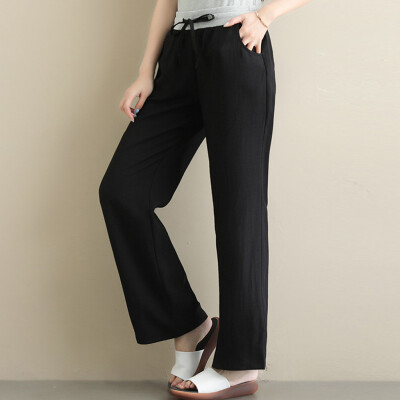 

Fashion Women Solid Cotton&linen Bandage Pocket Elastic Waist Trousers Pants