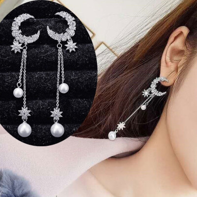 

Fashion Stars Moon Faux Pearl Rhinestone Long Chain Dangle Earrings Jewelry