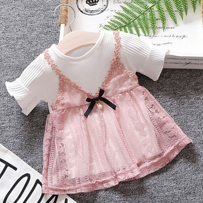 

Summer Casual Baby Girls Short Sleeve Fake 2 Piece Mesh Dress Kids Toddler Princess Sundress