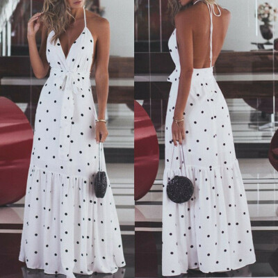 

Womens Ladies Casual Bandage Sleeveless Boho Polka Dot Bodycon Maxi Summer Dress