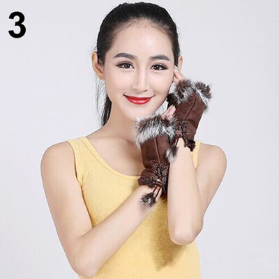 

Womens Fashion Winter Warm Imitation Rabbit Hair Faux Leather Fingerless Gloves