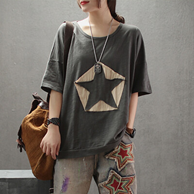 

Nomeni Womens Loose Five-Pointed Star Patch Round Neck Short-Sleeved T-Shirt