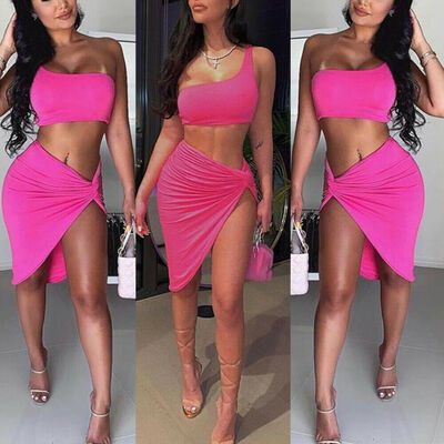 

Womens Skirt Crop Top 2 Piece Set Tank Top&Skirt Dress Ladies Bandage Bodycon Party Clubwear