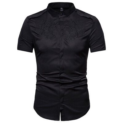 

Tailored Men Hipster Casual Slim Fit Short Sleeve Button Down Shirts Tops with Embroidery