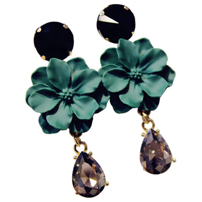 

Vintage Bohemia Natural Stone Black Crystal Big Earring For Women Fashion Jewelry Green Flower Dangle Drop Earrings