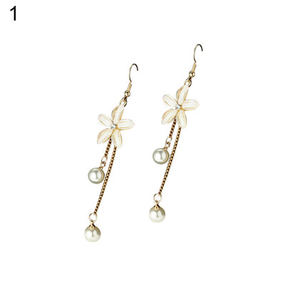 

Elegant Flower Fake Pearl Hook Earrings Women Long Chain Dangle Jewelry Charm