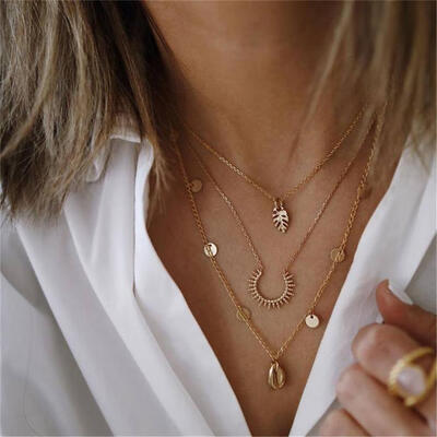 

Bohemian Leaf Shell Round Crescent Multilayer Gold Necklace Fashion Lady Birthday Party Jewelry Wear Women Necklace Set