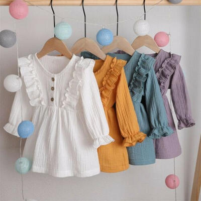 

US Toddler Baby Girl Solid Clothes Long Sleeve Dress Skirt Cotton Linen Dresses