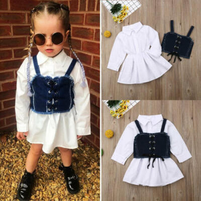 

US Newborn Baby Girls Long Sleeve Sling Shirt Denim Skirt Dress Sunsuit Clothes