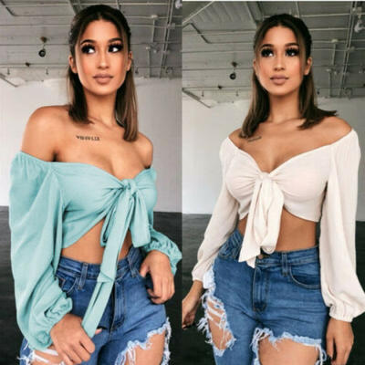 

Summer Women Sexy Off Shoulder Tank Top Vest Blouse Long Sleeve Crop Tops Shirt