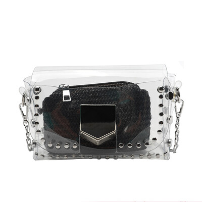 

New Fashion PVC Transparent Fashion Women Shoulder Bag Rivet Lock Brand Designer Clear Messenger Bag Casual Small Square Bag