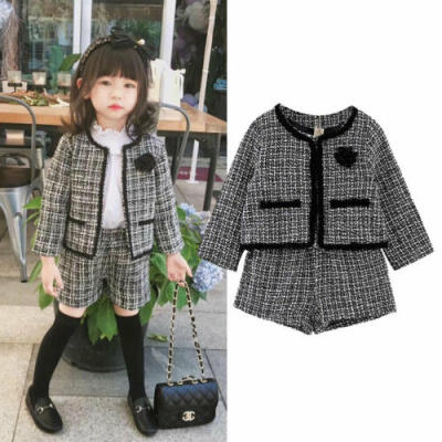 

UK Kid Baby Girl Outerwear Pageant Plaid Coat & Short Pants Party Outfit Clothes