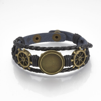 

Imitation Leather Bracelet Makings with Alloy Cabochon Setting&Waxed Cords Helm Antique Bronze Black Tray 18mm 8-38"2