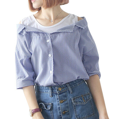 

Women Clothes Vertical Stripe Spaghetti Strap Off-shoulder Loose Shirt Casual Summer Autumn Women Striped