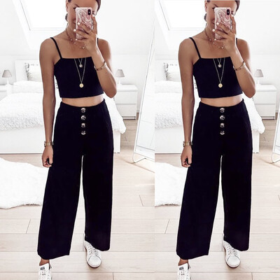 

Fashion Summer Women Solid Button Workout Beach Easy Loose Broad-legged Pants