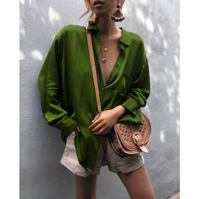 

2019 Amazon ebay stand alone Europe&America womens explosions solid color long-sleeved button cardigan ladies loose shirt blu