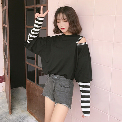 

Women Elegant New Style Fashion Design Korean New Loose Fake Two T-shirt Letters Printed Irregular Strapless Shirt Black