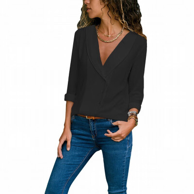 

Solid color V-neck long-sleeved button casual loose blouse top