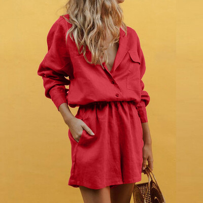 

Roseonmyhand Women V Neck Slim Summer Cotton Lapel Button Temperament Suit Shorts Suit
