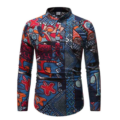 

Tailored Mens Ethnic Long Sleeve Casual Cotton Linen Printing Hawaiian Shirt Blouse