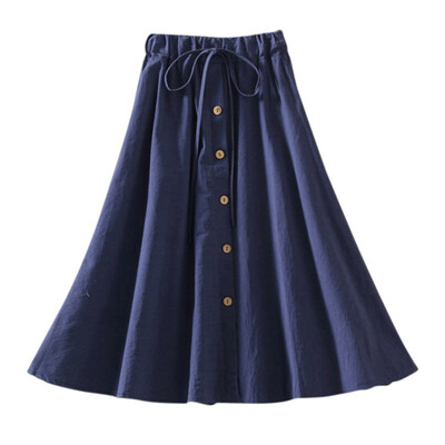 

Japan stylish cozy Cotton Linen Women Skirt High Waist A Line skirt female Button Solid Skater Casual Knee-Length Pleated Skirt