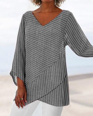 

Women Casual Loose V Neck Striped Irregular Long Sleeve Shirts Blouse Tunic Tops