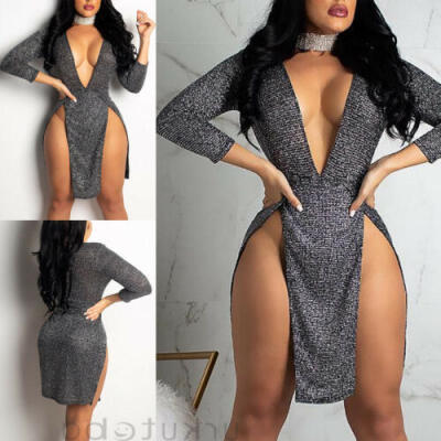 

Womens Deep V Neck Side Slit Sequins Sexy Bodycon Clubwear Party Mini Dress