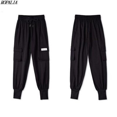 

Women Korean Style Elastic High Waist Solid Casual Cargo Pants Drawstring Ankle-Length Pockets Solid Loose Pants