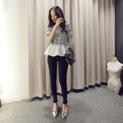 

Women Stripe Print Stitching Loose Short Sleeve Casual Simple Wild T-Shirt